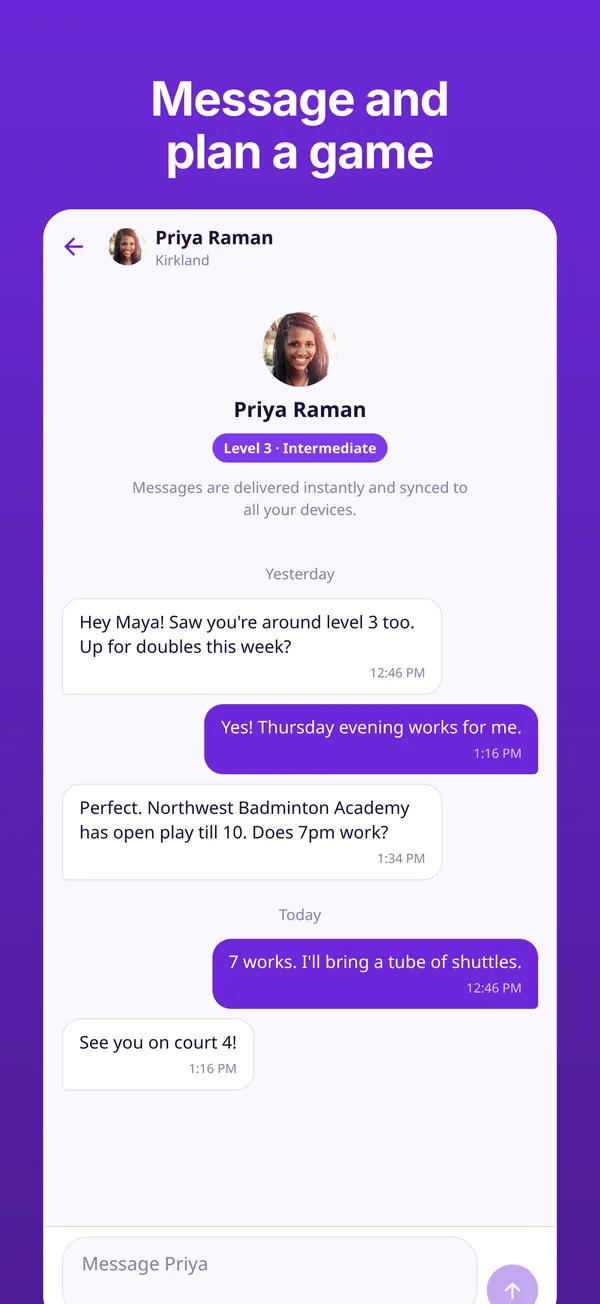 BadRally app: Message and plan a game