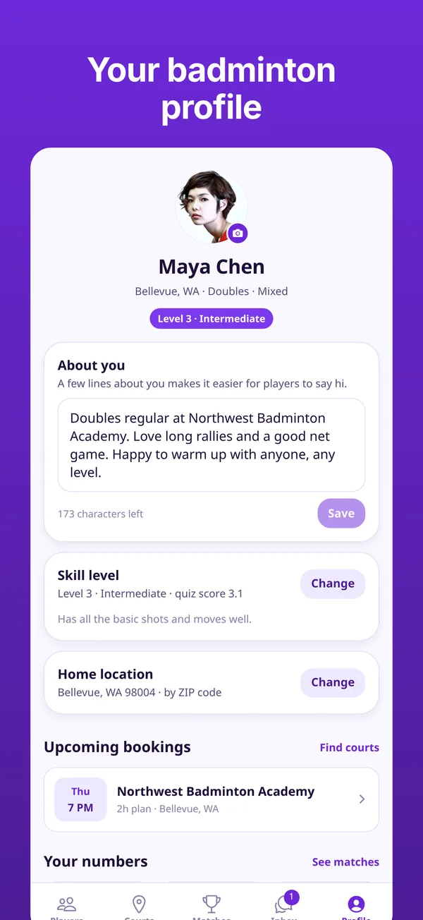 BadRally app: Your badminton profile