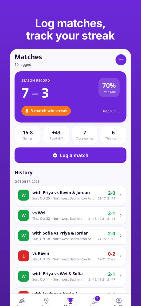 BadRally app: Log matches, track your streak