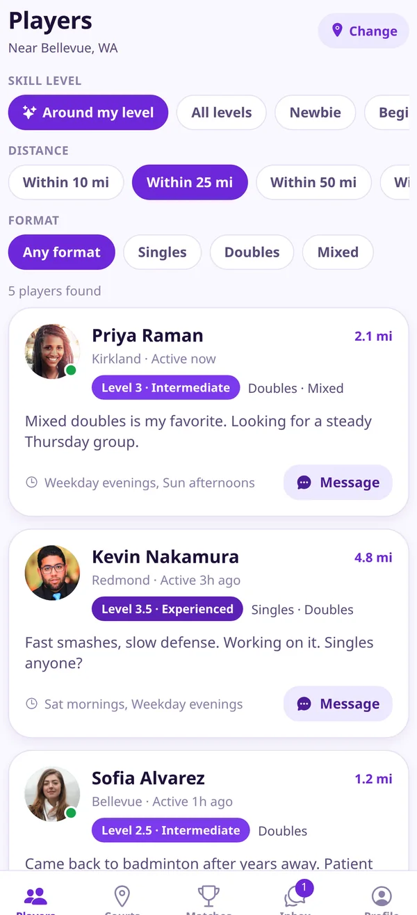 BadRally Players screen: nearby players filtered by skill level, distance, and format